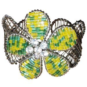 Beautiful Rhinestone Beaded Flower Silvertone Wire Cuff Bracelet Green Yellow